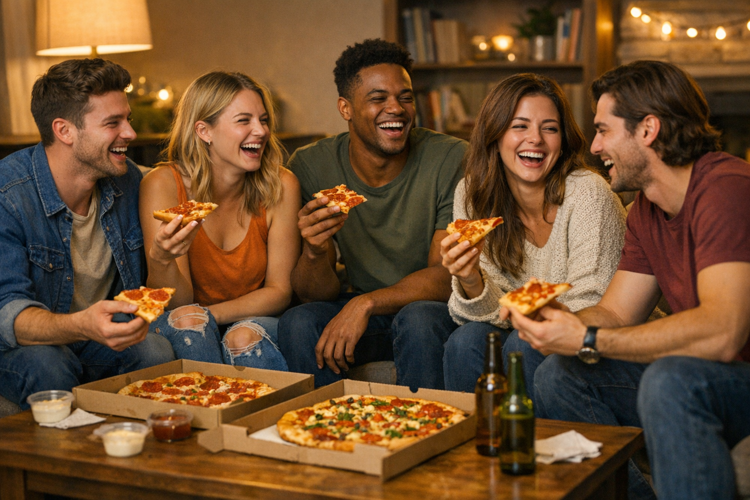 Group of young adults laughing and eating pizza together