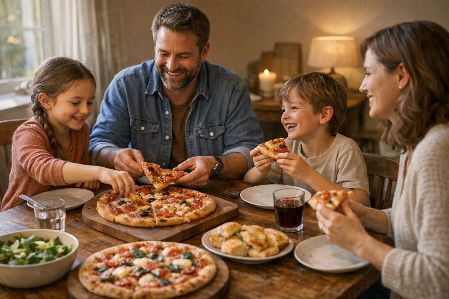 Family sharing pizza