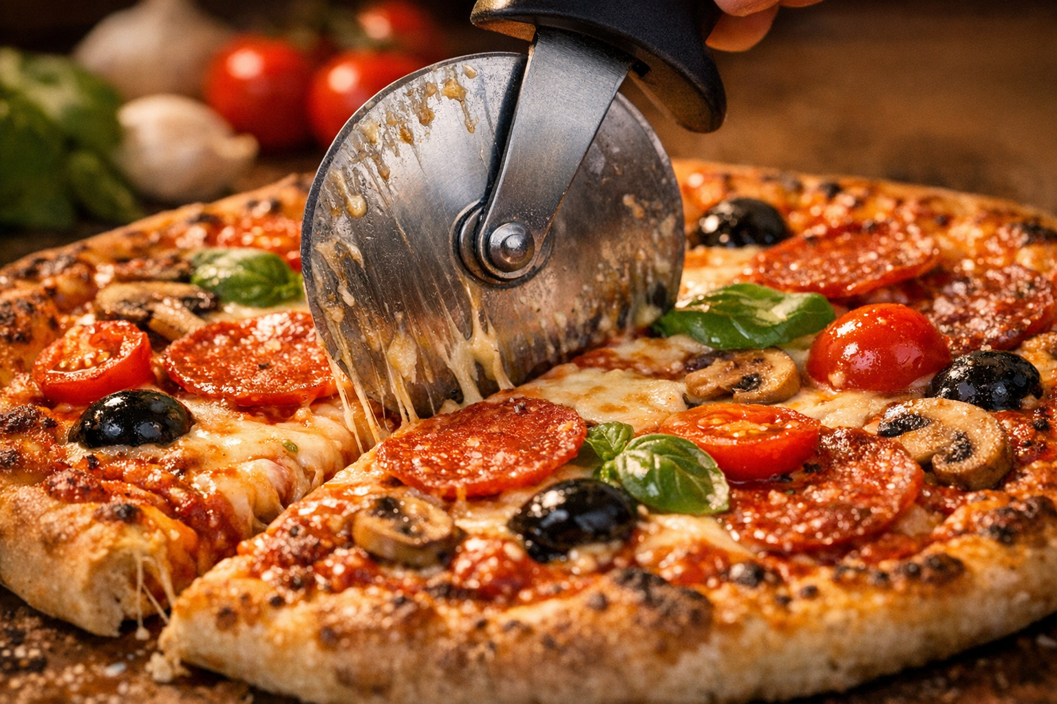Pizza being sliced