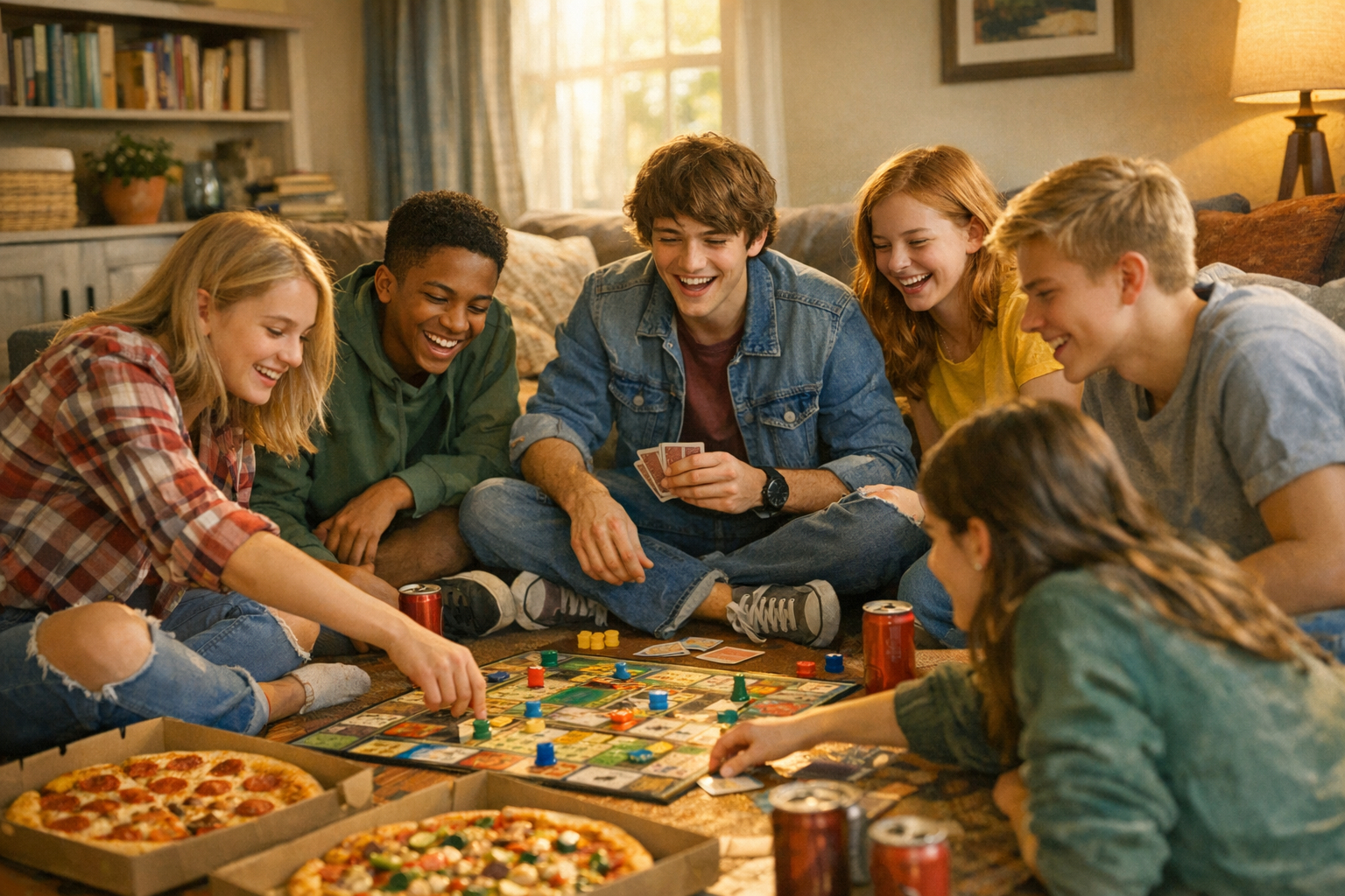Group of teenagers playing board games with pizza boxes