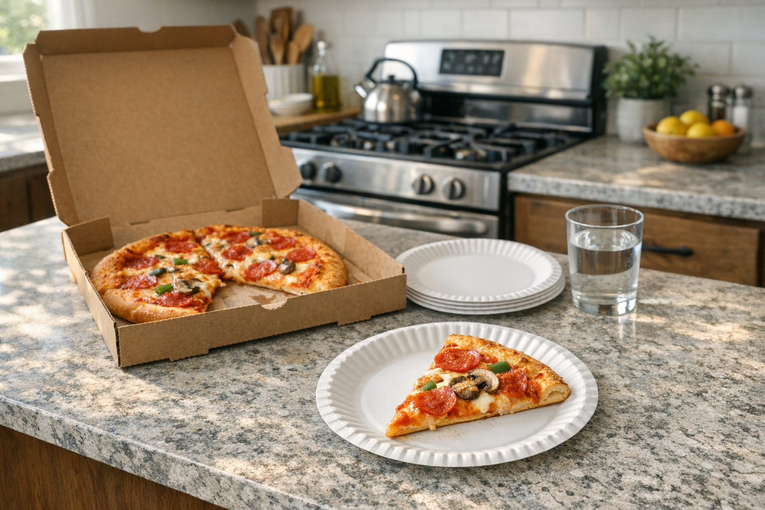 Modern kitchen counter with pizza box and paper plates