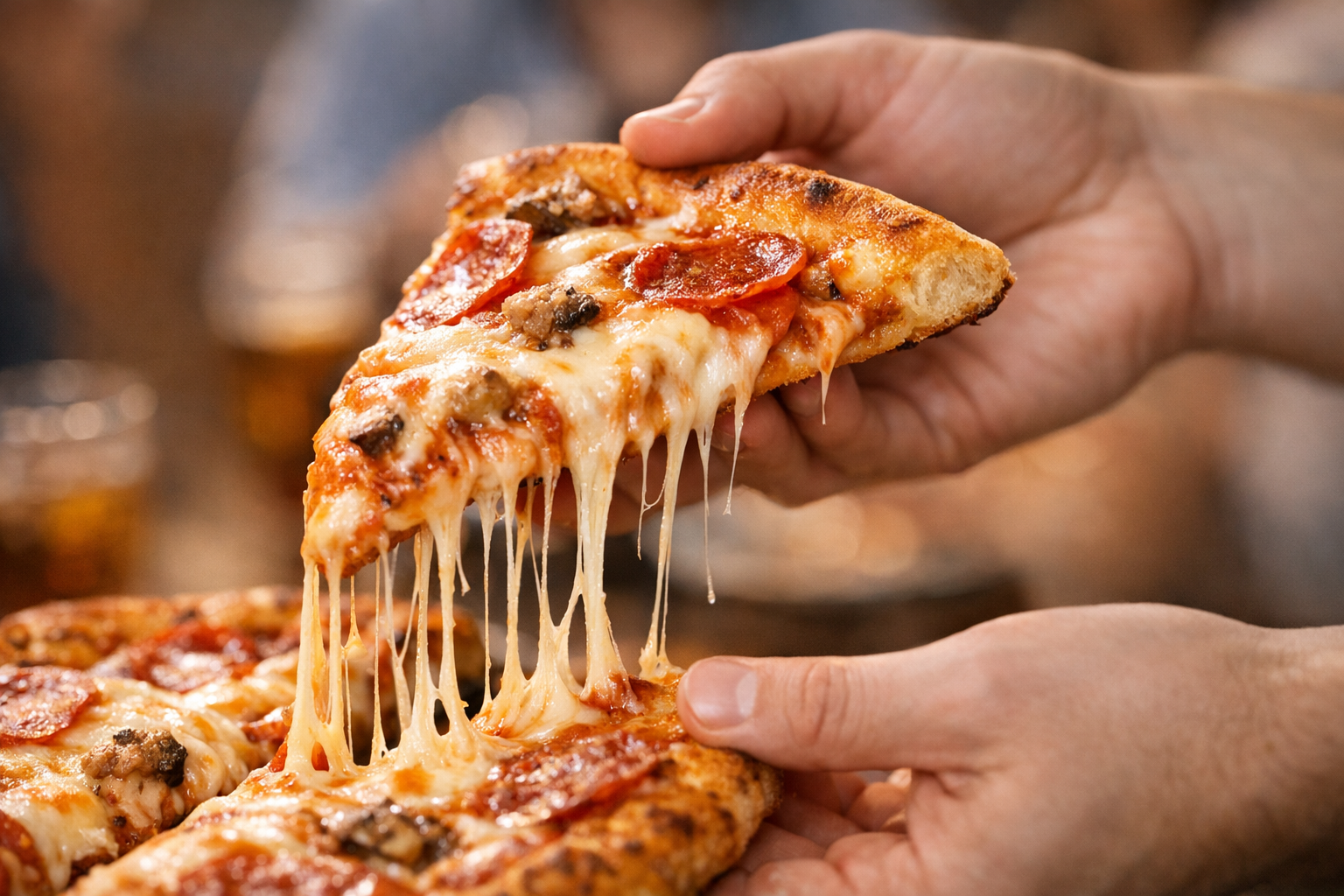 Hands holding a slice of pizza with cheese stretching