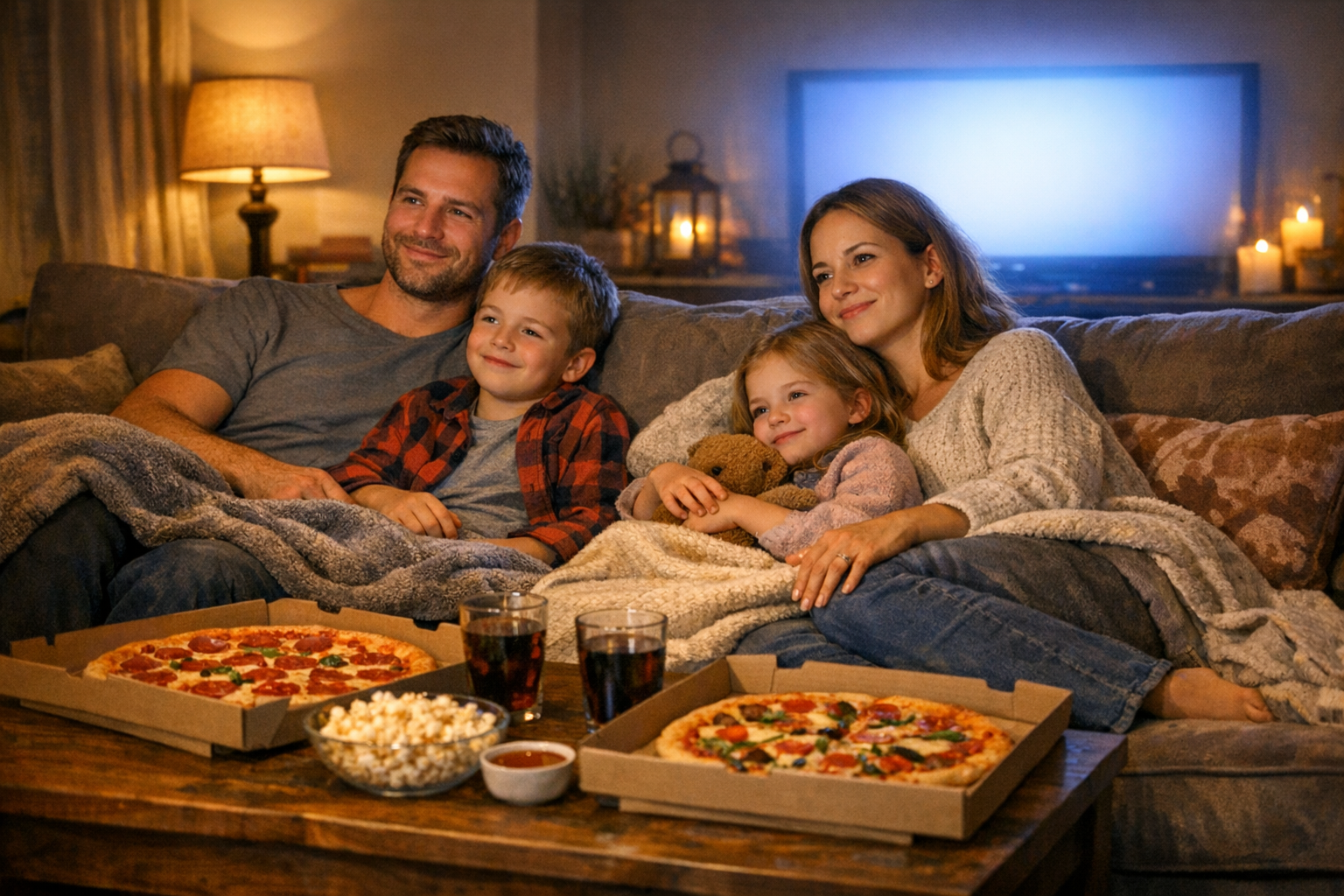 Cozy weekend movie night scene with family on couch
